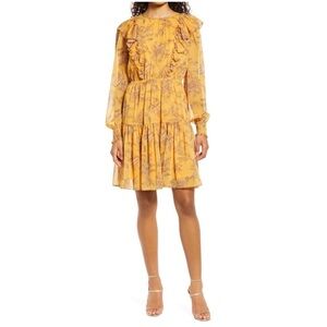 RACHEL PARCELL Metallic Stripe Floral Long Sleeve Dress Mustard Yellow Size XXL